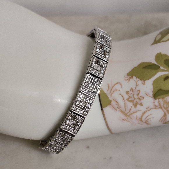 Sterling Silver and Clear Crystals Bracelet with Geometric Greek Key Design - Picture 2 of 16